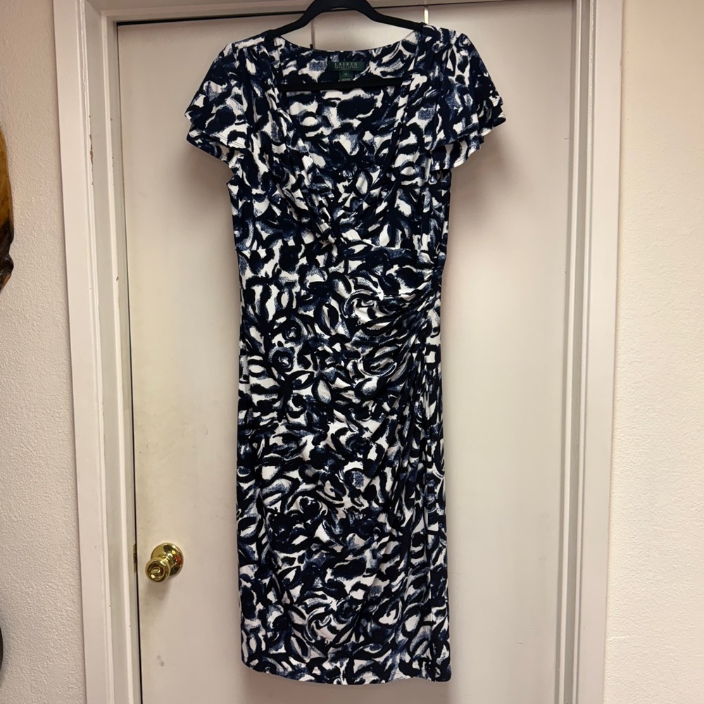 Ralph Lauren knee length faux wrap dress blue black size 12